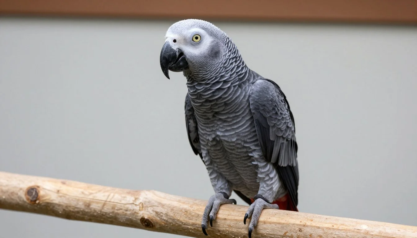 A healthy parrot perched on a branch showing alert posture and bright feathers