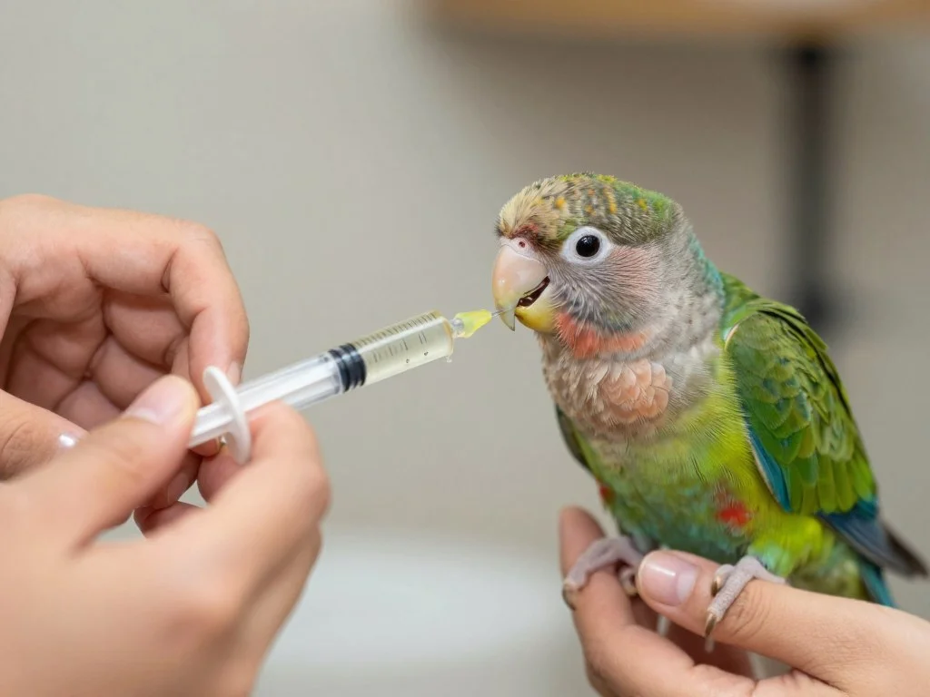 A person hand feeding a baby parrot with a syringe, demonstrating the hand-rearing process