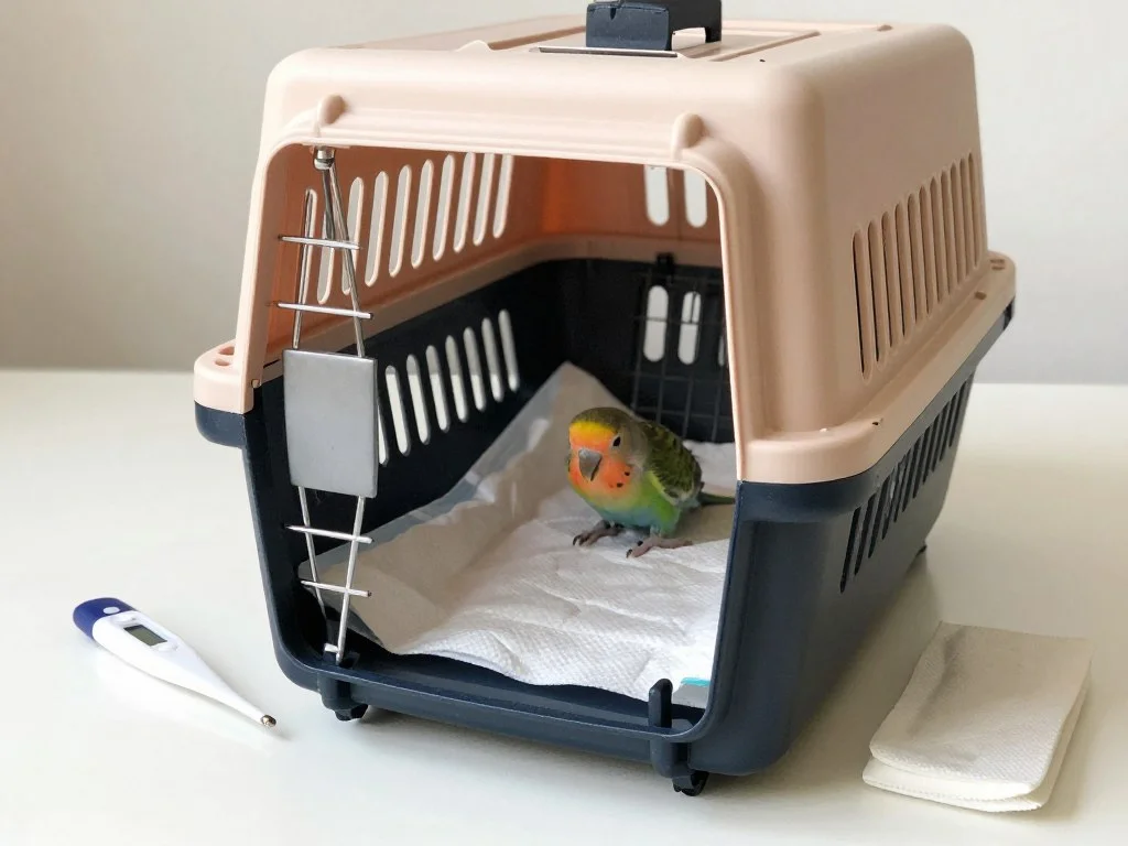 A properly prepared carrier for transporting a hand reared baby parrot, with soft lining and secure closure