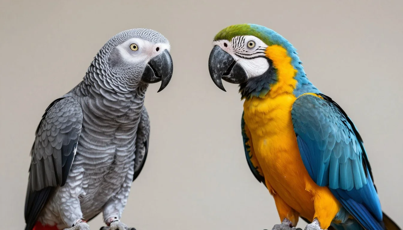 African Grey parrot and Blue and Gold Macaw side by side comparison
