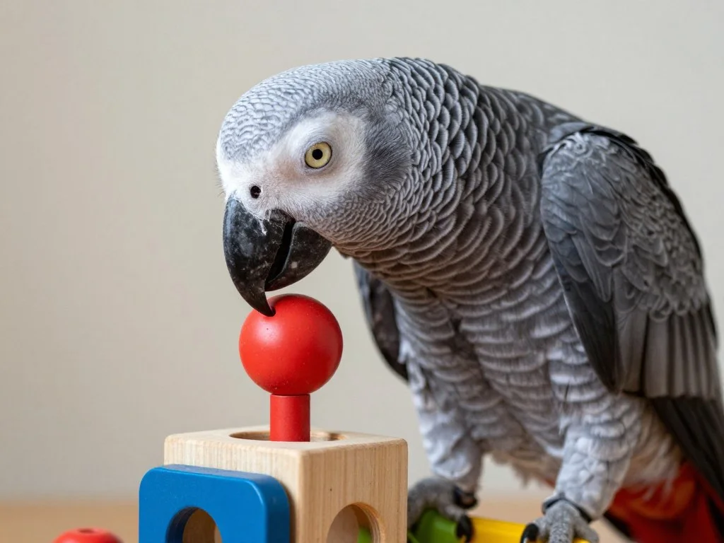 African Grey parrot displaying intelligent behavior with a puzzle toy